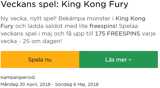 MrGreen Veckans Spel King Kong Fury 175 freespins