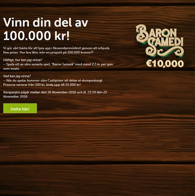 Nätcasino comeon! Baron Samedi 100 000 kr tävling!