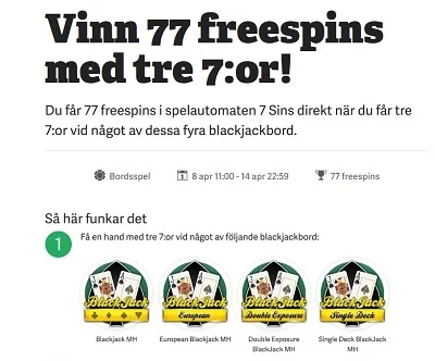 Vinn 77 freespins med 3 sjuor i din hand i Blackjack på Paf!